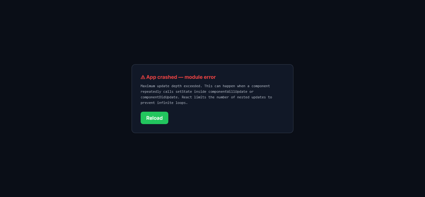 App crashed — maximum update depth exceeded