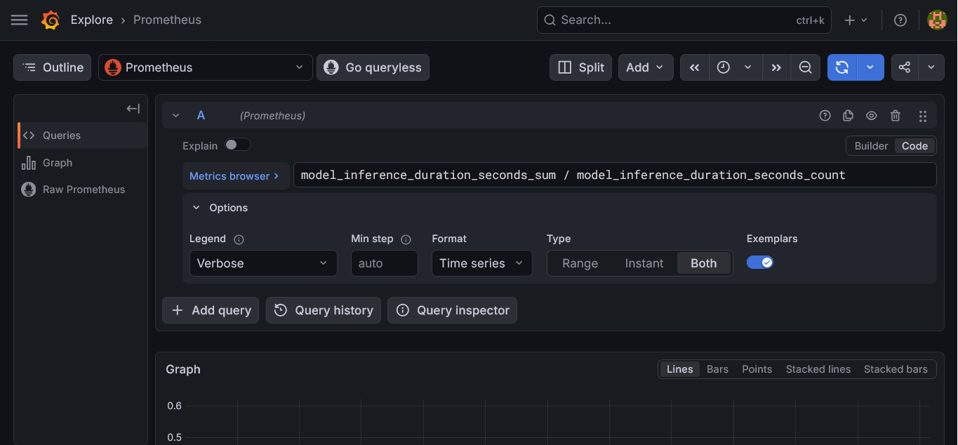 Prometheus Explore — inference latency query editor