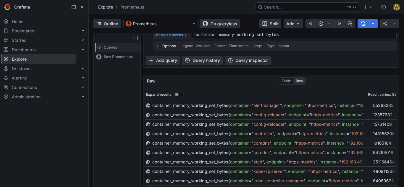 container_memory_working_set_bytes returning 85 result series in Prometheus Explore