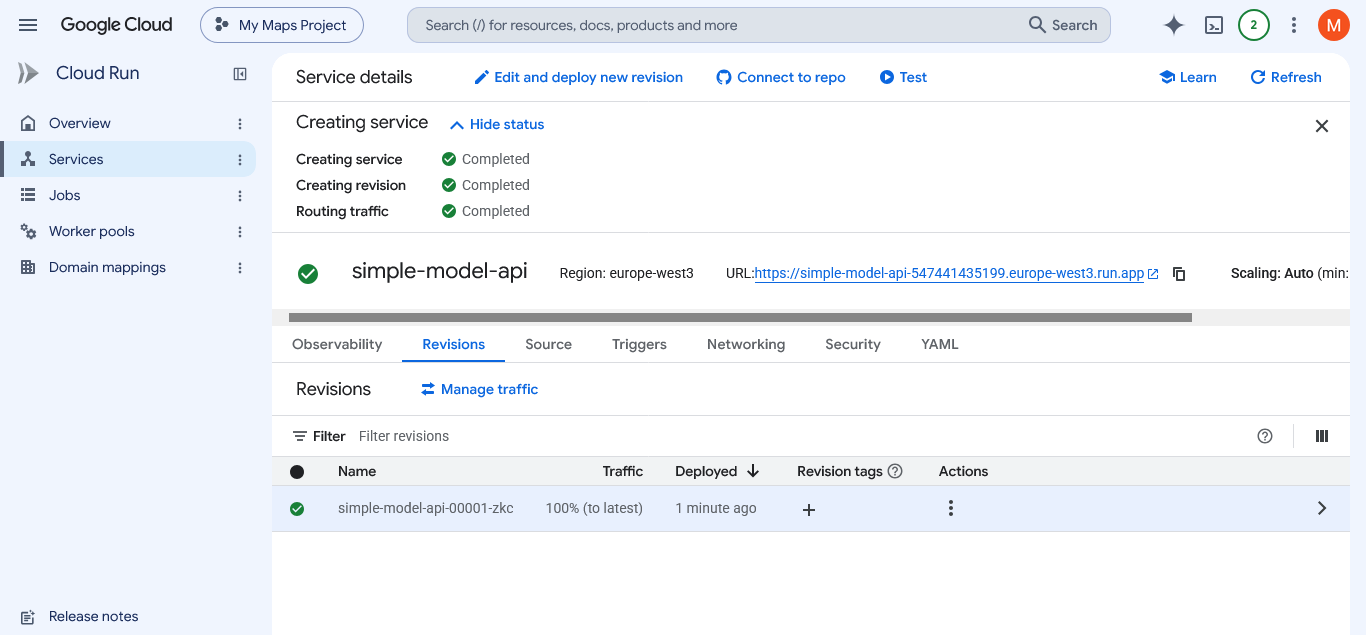 Cloud Run console showing revision simple-model-api-00001-zkc, 100% traffic routed to latest, all three creation steps showing Completed