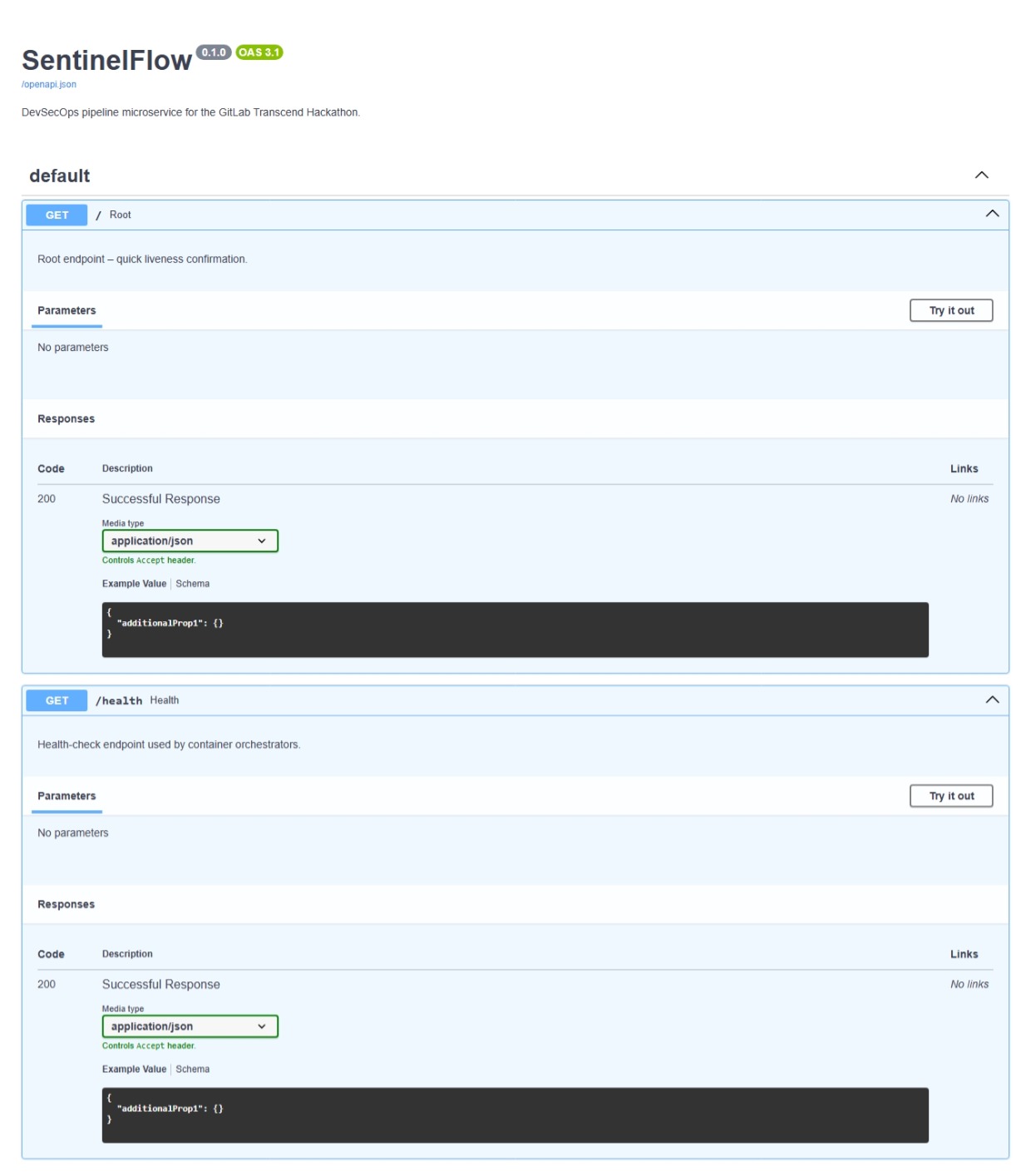 Swagger UI showing GET / and GET /health - both 200, application/json